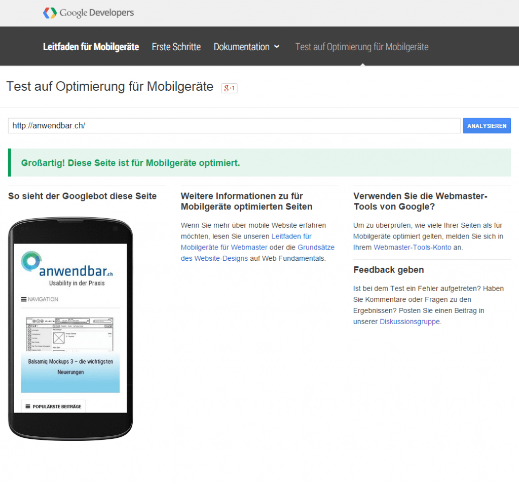Google Mobile Check anwendbar.ch